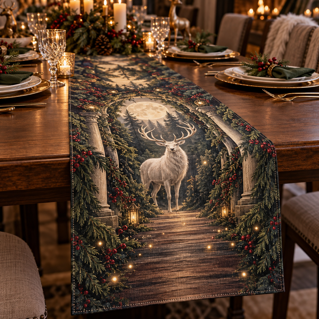 Moonlit White Stag Host Gift Table Runner with flat printed optical 3D welcoming stag scene in forest green cream cranberry walnut and candle gold