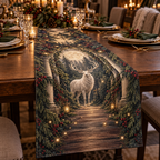 Moonlit White Stag Host Gift Table Runner with flat printed optical 3D welcoming stag scene in forest green cream cranberry walnut and candle gold