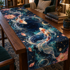 Celestial Koi Reading Nook Table Runner with flat printed optical 3D koi moon pool in deep indigo pearl white coral turquoise and gold