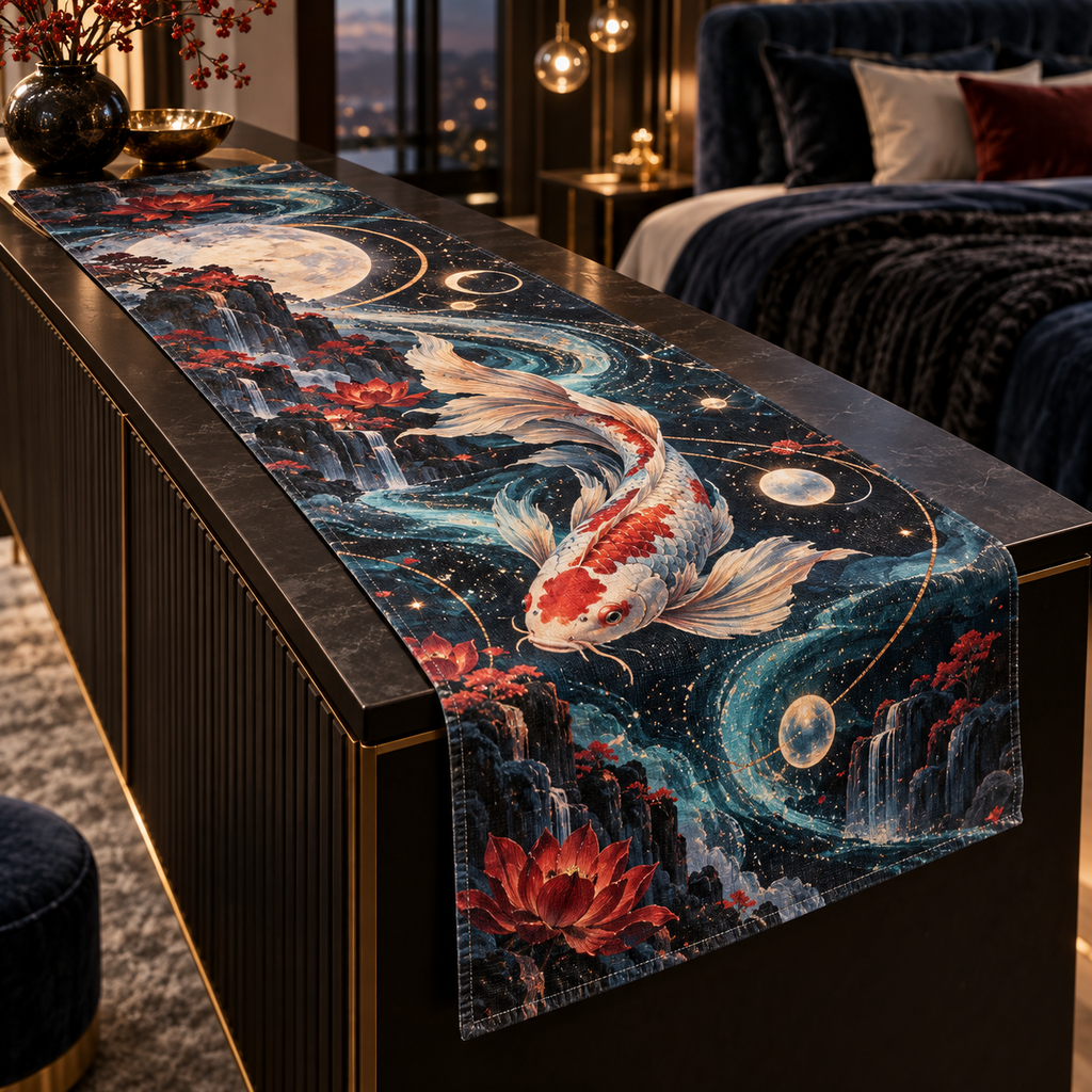 Celestial Koi Bedroom Table Runner with flat printed optical 3D koi abyss in black sapphire opal vermilion aqua and rose gold