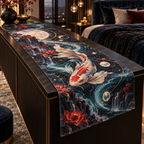 Celestial Koi Bedroom Table Runner with flat printed optical 3D koi abyss in black sapphire opal vermilion aqua and rose gold