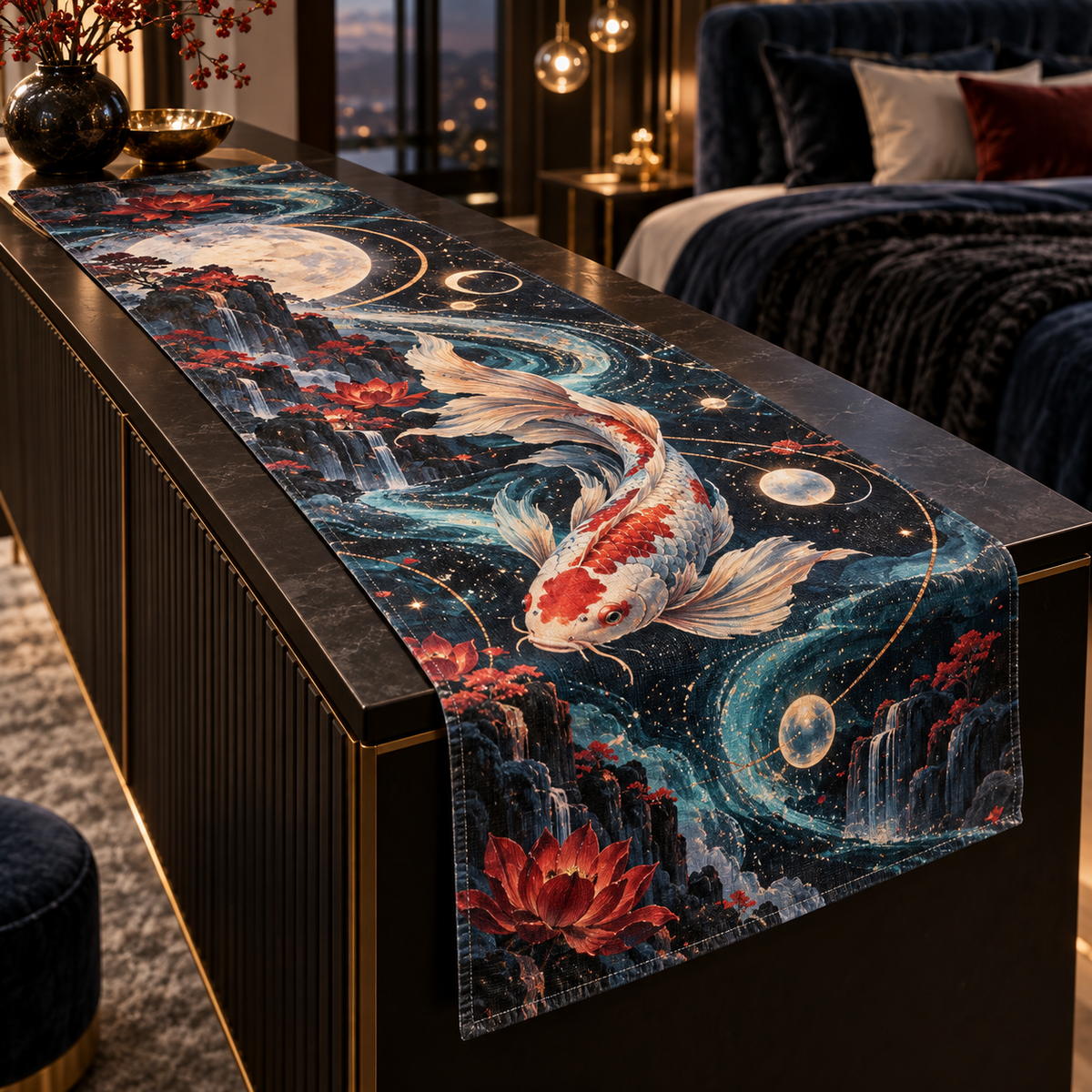 Celestial Koi Bedroom Table Runner with flat printed optical 3D koi abyss in black sapphire opal vermilion aqua and rose gold