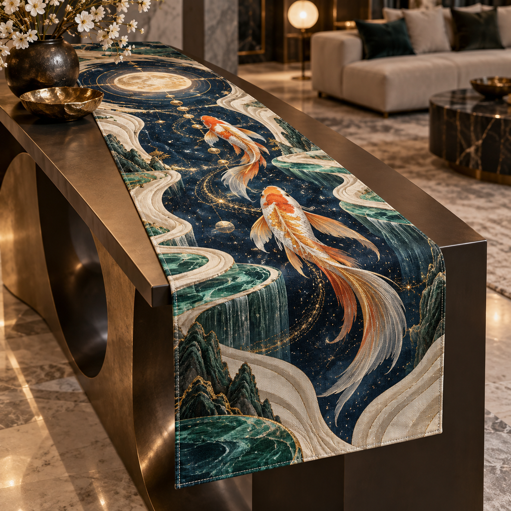 Celestial Koi Living Room Table Runner with flat printed optical 3D koi portal in navy ivory emerald orange and champagne