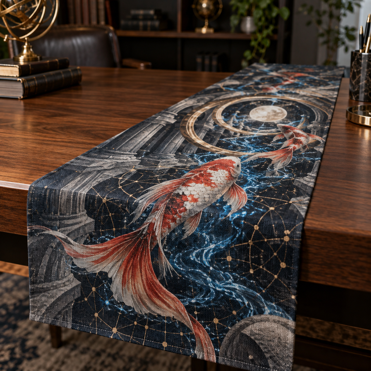 Celestial Koi Home Office Table Runner with flat printed optical 3D koi corridor in graphite pearl electric blue cinnabar and brass