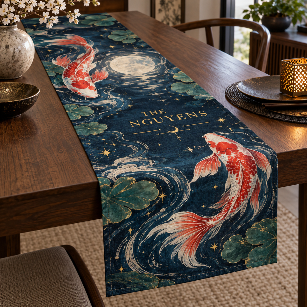 Personalized Celestial Koi Table Runner showing The Nguyens within flat printed optical 3D koi pool in midnight blue pearl coral red jade and gold
