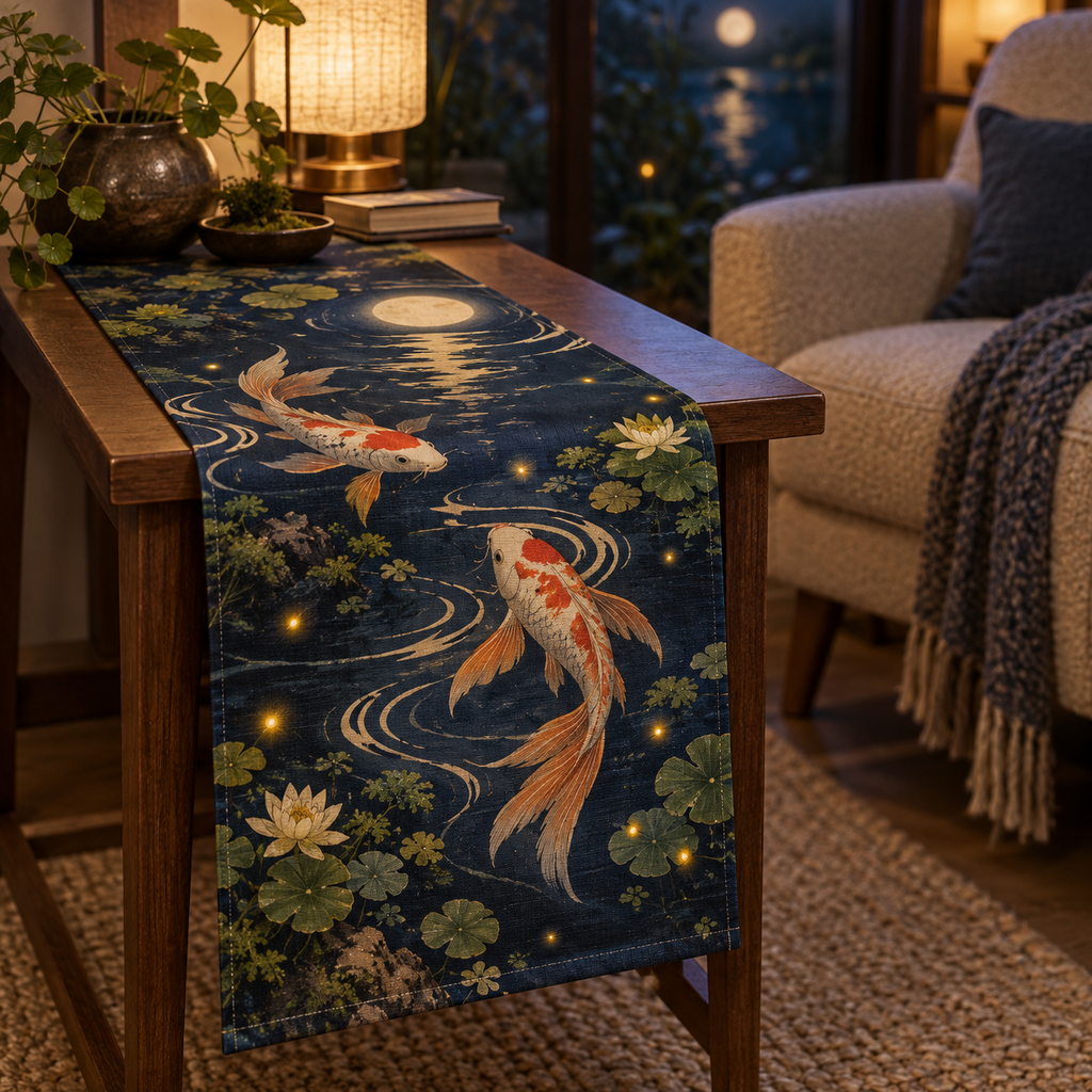 Celestial Koi Quiet Corner Table Runner with flat printed optical 3D koi pond in twilight blue cream moss tangerine and soft gold