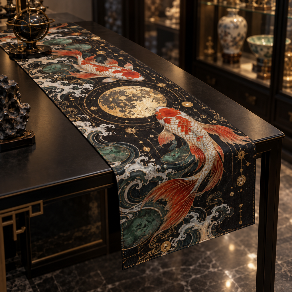Celestial Koi Collector Table Runner with flat printed optical 3D cloisonne koi in lacquer black porcelain vermilion jade and gold