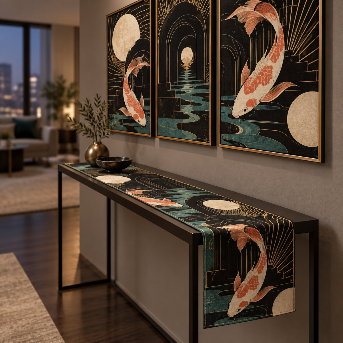 Celestial Koi Gallery Wall Table Runner with flat printed optical 3D Art Deco koi in ink ivory salmon teal and brass
