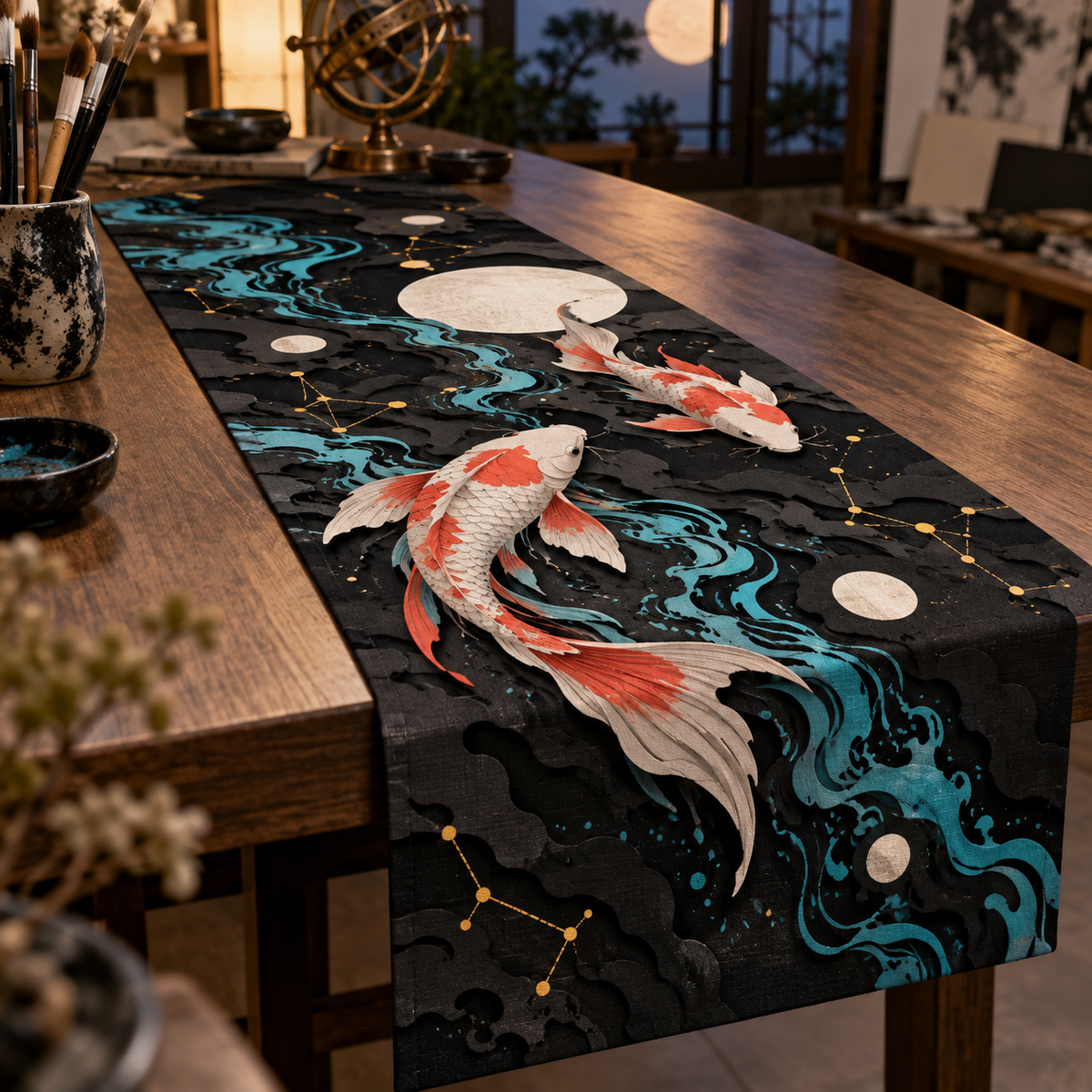 Celestial Koi Studio Table Runner with flat printed optical 3D paper cut koi in black white cyan coral and yellow