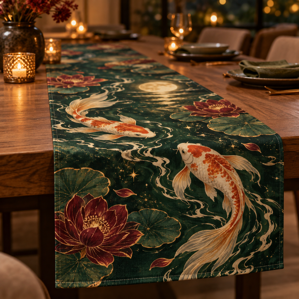 Celestial Koi Host Gift Table Runner with flat printed optical 3D koi pond in deep green cream orange garnet and gold