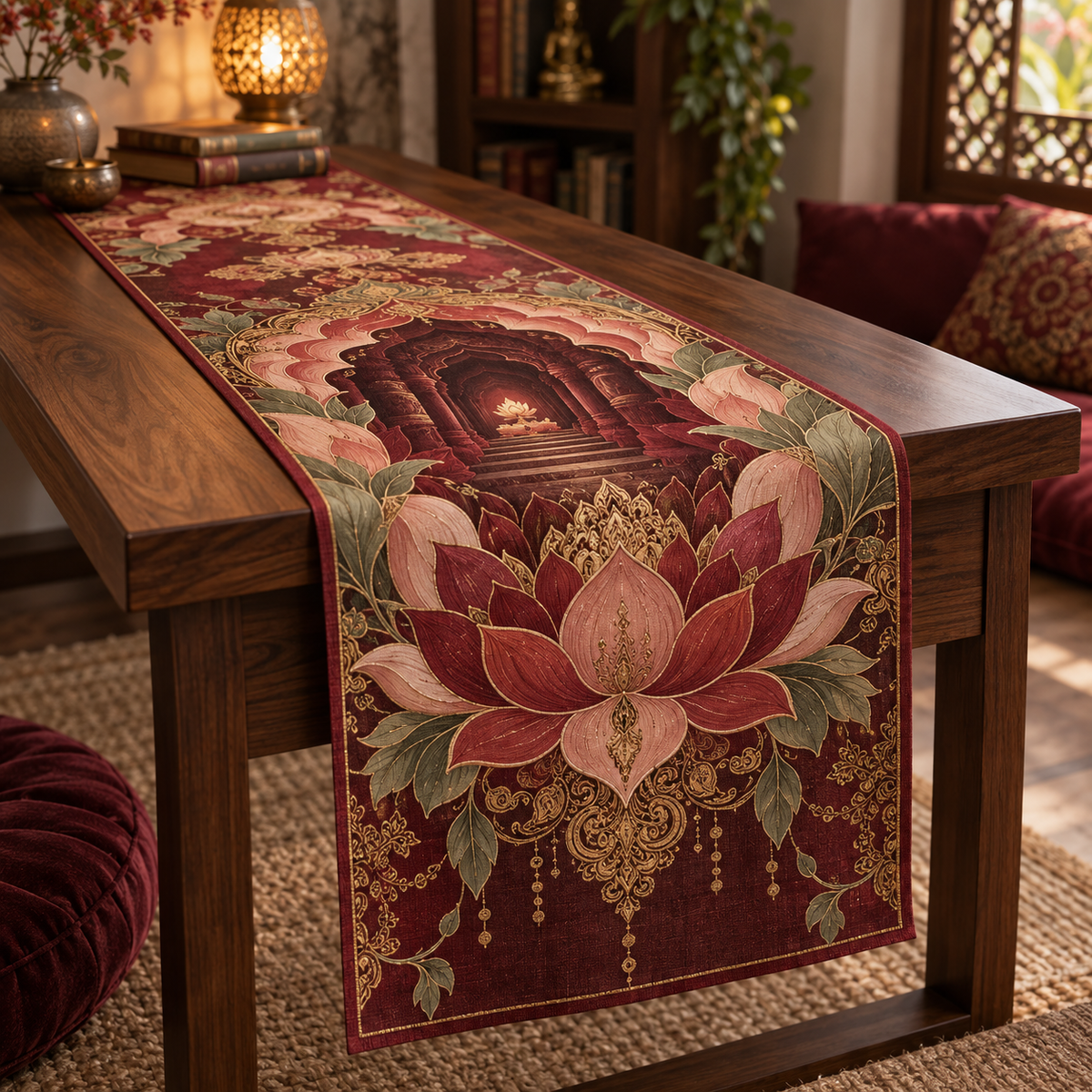 Red Lotus Mandala Reading Nook Table Runner with flat printed optical 3D lotus mandala in crimson burgundy blush sage and antique gold
