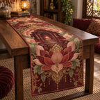Red Lotus Mandala Reading Nook Table Runner with flat printed optical 3D lotus mandala in crimson burgundy blush sage and antique gold