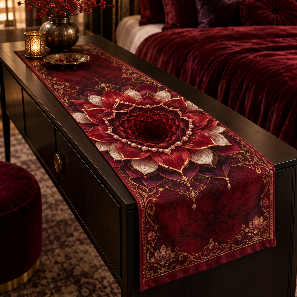 Red Lotus Mandala Bedroom Table Runner with flat printed optical 3D lotus mandala in oxblood ruby pearl plum and gold