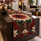 Red Lotus Mandala Living Room Table Runner with flat printed optical 3D lotus mandala in scarlet black cherry ivory emerald and champagne gold