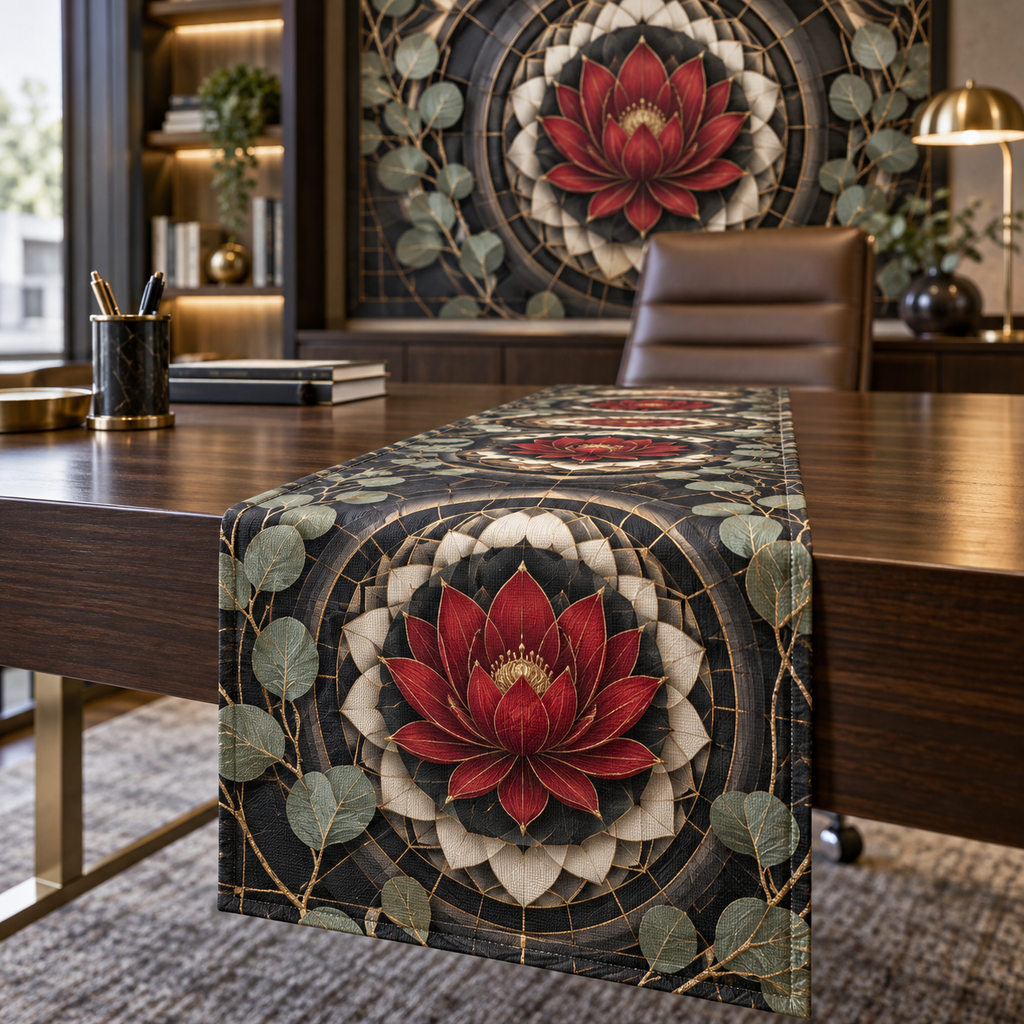 Red Lotus Mandala Home Office Table Runner with flat printed optical 3D lotus mandala in charcoal cardinal red ivory eucalyptus and brass