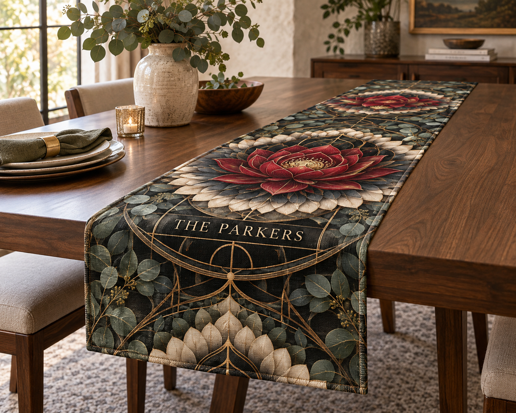 Personalized Red Lotus Mandala Table Runner showing The Parkers within flat printed optical 3D lotus tunnel in charcoal cardinal red ivory eucalyptus and brass