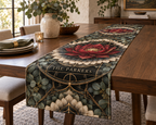 Personalized Red Lotus Mandala Table Runner showing The Parkers within flat printed optical 3D lotus tunnel in charcoal cardinal red ivory eucalyptus and brass