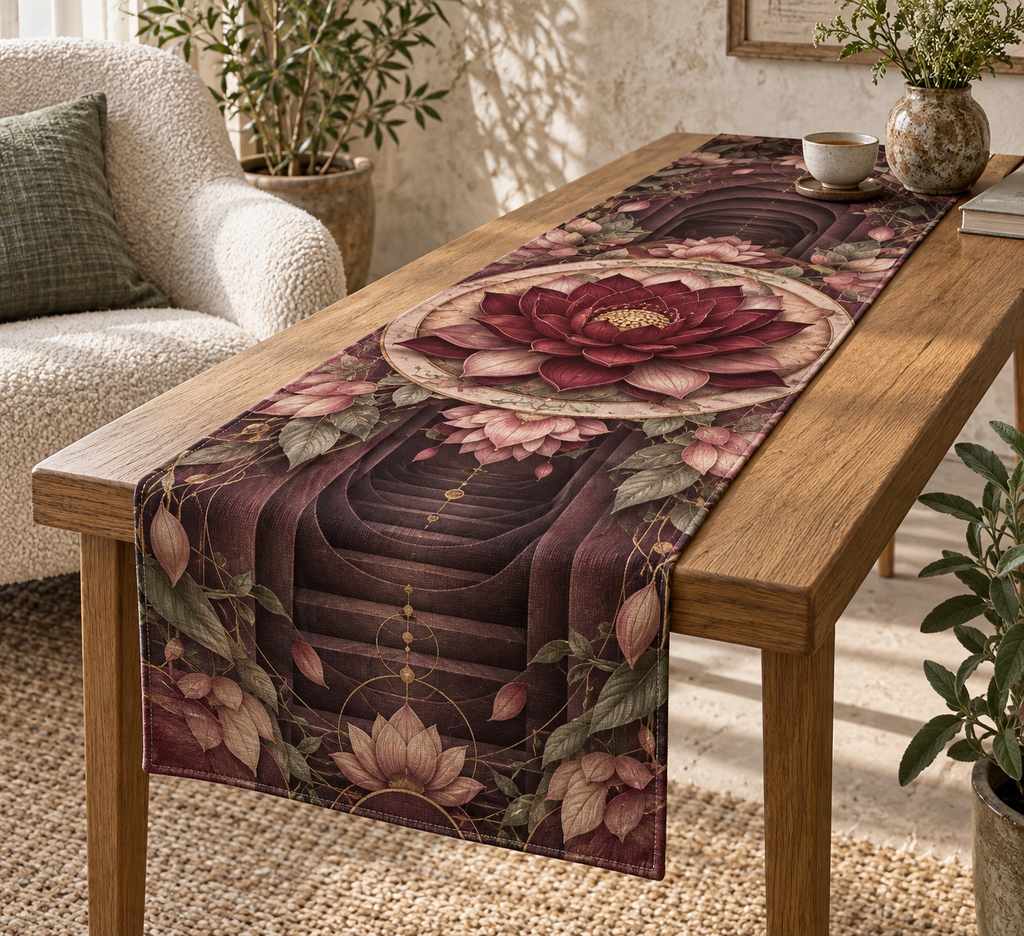 Red Lotus Mandala Quiet Corner Table Runner with flat printed optical 3D lotus tunnel in oxblood dusty rose parchment sage and antique gold
