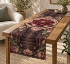 Red Lotus Mandala Quiet Corner Table Runner with flat printed optical 3D lotus tunnel in oxblood dusty rose parchment sage and antique gold