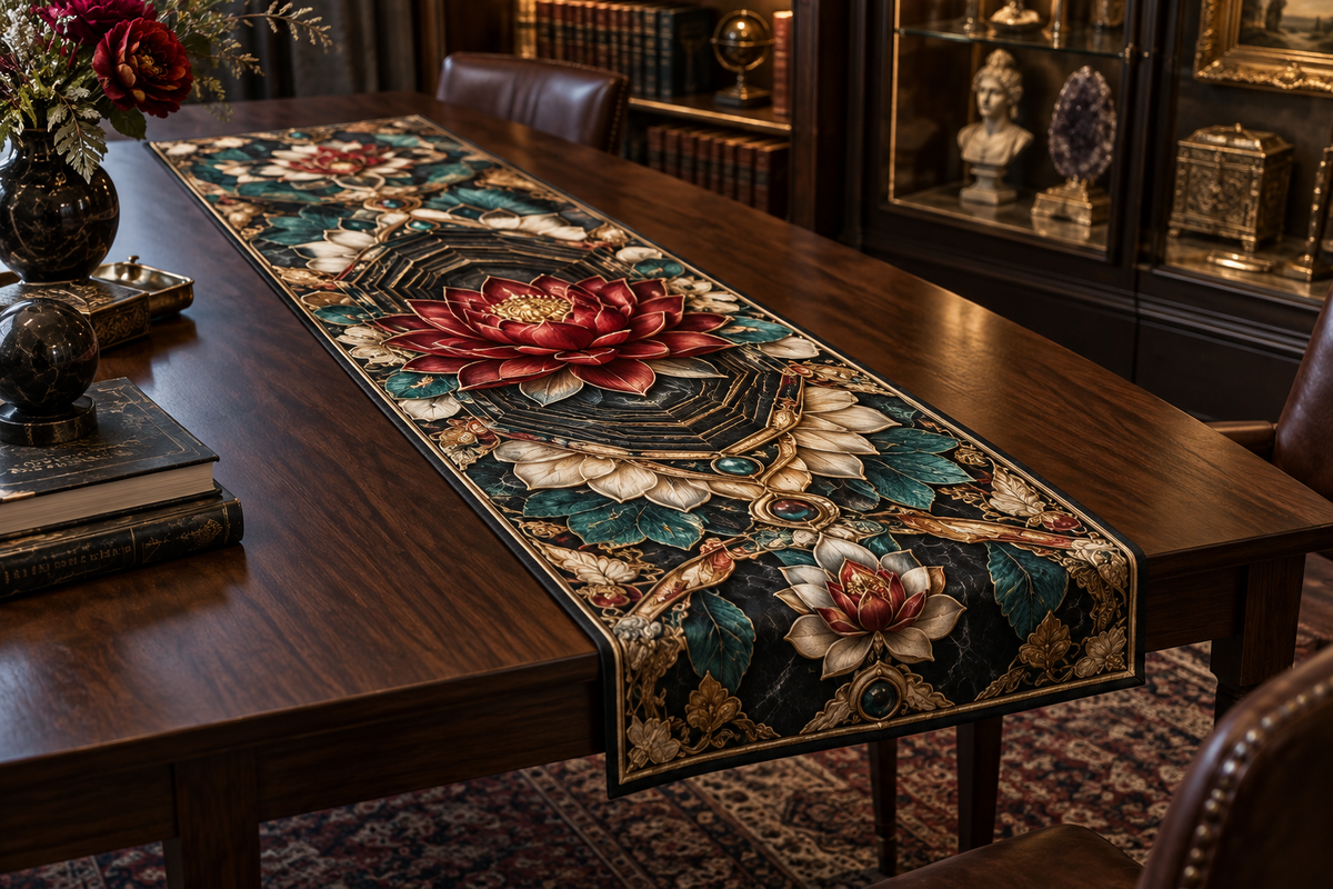 Red Lotus Mandala Collector Birthday Table Runner with flat printed optical 3D lotus reliquary in ruby obsidian peacock teal alabaster and museum gold