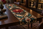 Red Lotus Mandala Collector Birthday Table Runner with flat printed optical 3D lotus reliquary in ruby obsidian peacock teal alabaster and museum gold