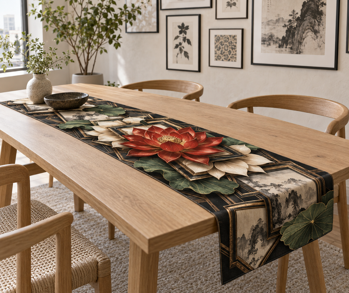 Red Lotus Mandala Gallery Wall Table Runner with flat printed optical 3D layered frames in vermilion ink black cream jade and brushed bronze