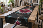 Red Lotus Mandala Hobby Studio Table Runner with flat printed optical 3D drafting tunnel in magenta red carbon turquoise canvas white and copper