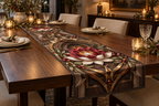 Red Lotus Mandala Host Thank You Table Runner with flat printed optical 3D hospitality arch in cranberry espresso porcelain olive and champagne gold