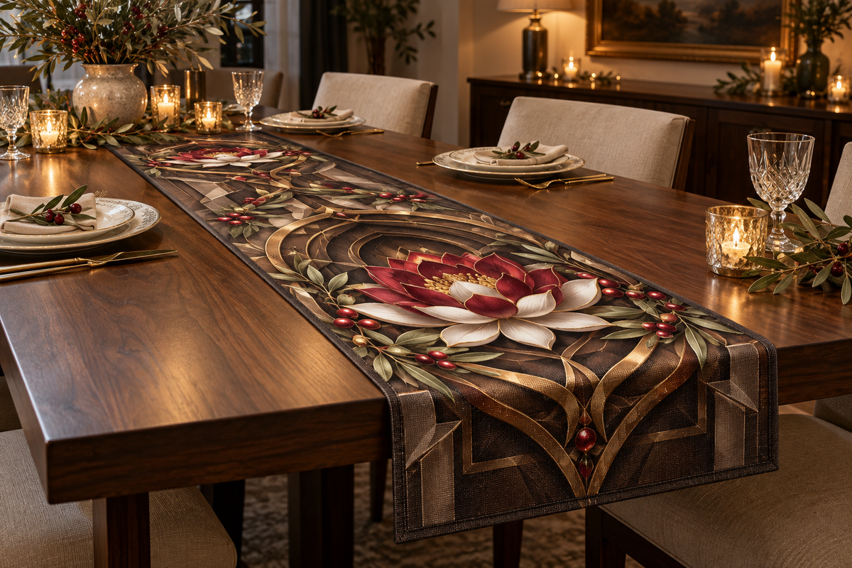 Red Lotus Mandala Host Thank You Table Runner with flat printed optical 3D hospitality arch in cranberry espresso porcelain olive and champagne gold