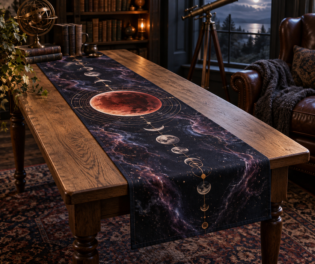 Lunar Eclipse Reading Nook Table Runner with flat printed optical 3D lunar eclipse in midnight navy ember red silver violet and antique brass