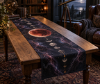Lunar Eclipse Reading Nook Table Runner with flat printed optical 3D lunar eclipse in midnight navy ember red silver violet and antique brass