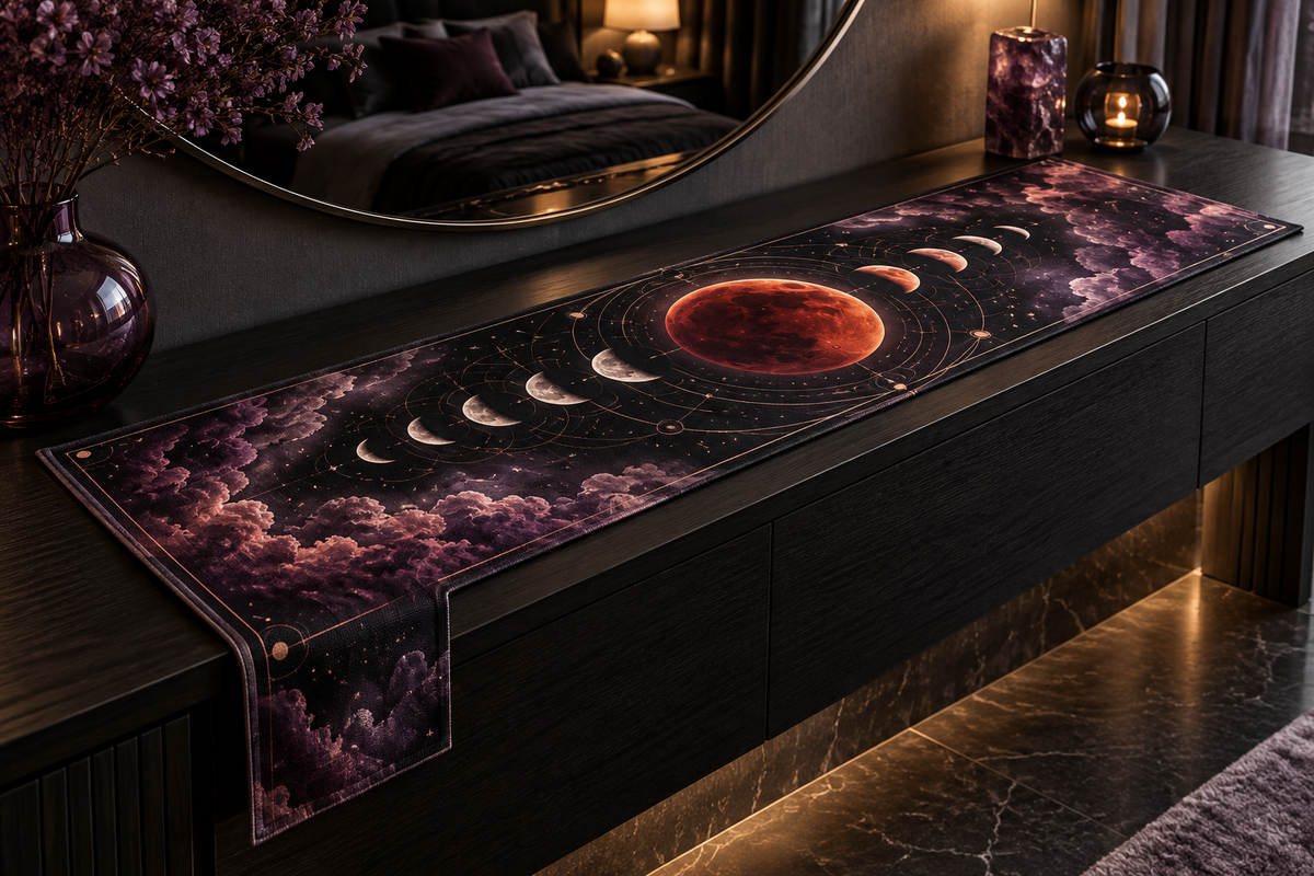 Lunar Eclipse Bedroom Table Runner with flat printed optical 3D blood moon in black pearl amethyst and rose gold