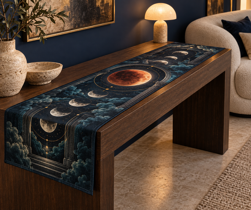 Lunar Eclipse Living Room Table Runner with flat printed optical 3D eclipse in indigo copper red bone white dark teal and aged brass