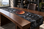 Lunar Eclipse Home Office Table Runner with flat printed optical 3D eclipse in graphite eclipse orange ice blue slate and brass