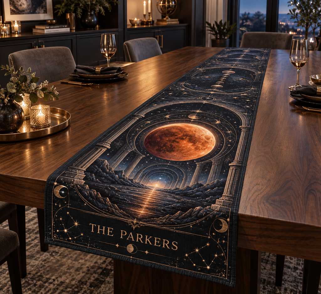 Personalized Lunar Eclipse Table Runner showing The Parkers within flat printed optical 3D lunar eclipse portal in graphite eclipse orange ice blue slate and brass
