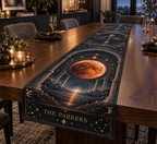 Personalized Lunar Eclipse Table Runner showing The Parkers within flat printed optical 3D lunar eclipse portal in graphite eclipse orange ice blue slate and brass
