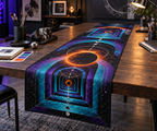 Lunar Eclipse Hobby Studio Table Runner with flat printed optical 3D eclipse in ultraviolet electric cyan orange ink black and silver