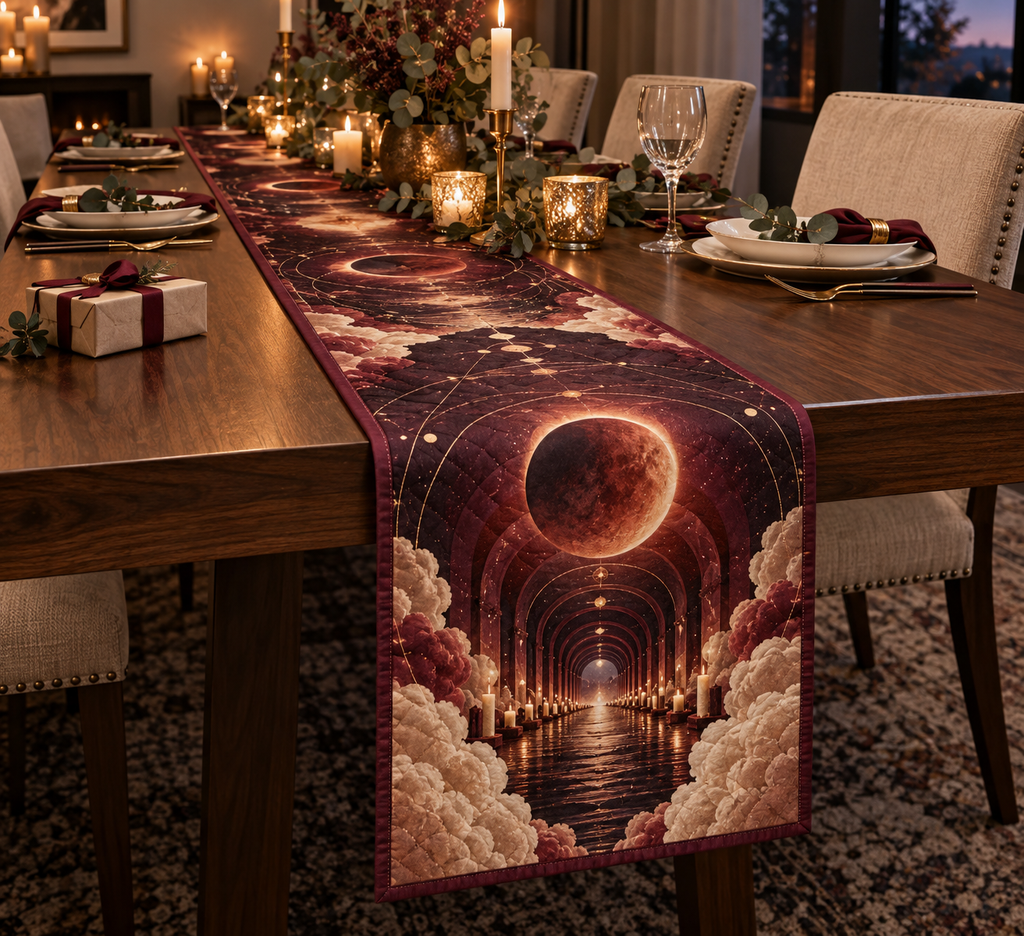 Lunar Eclipse Host Thank You Table Runner with flat printed optical 3D eclipse in burgundy copper cream deep plum and champagne gold
