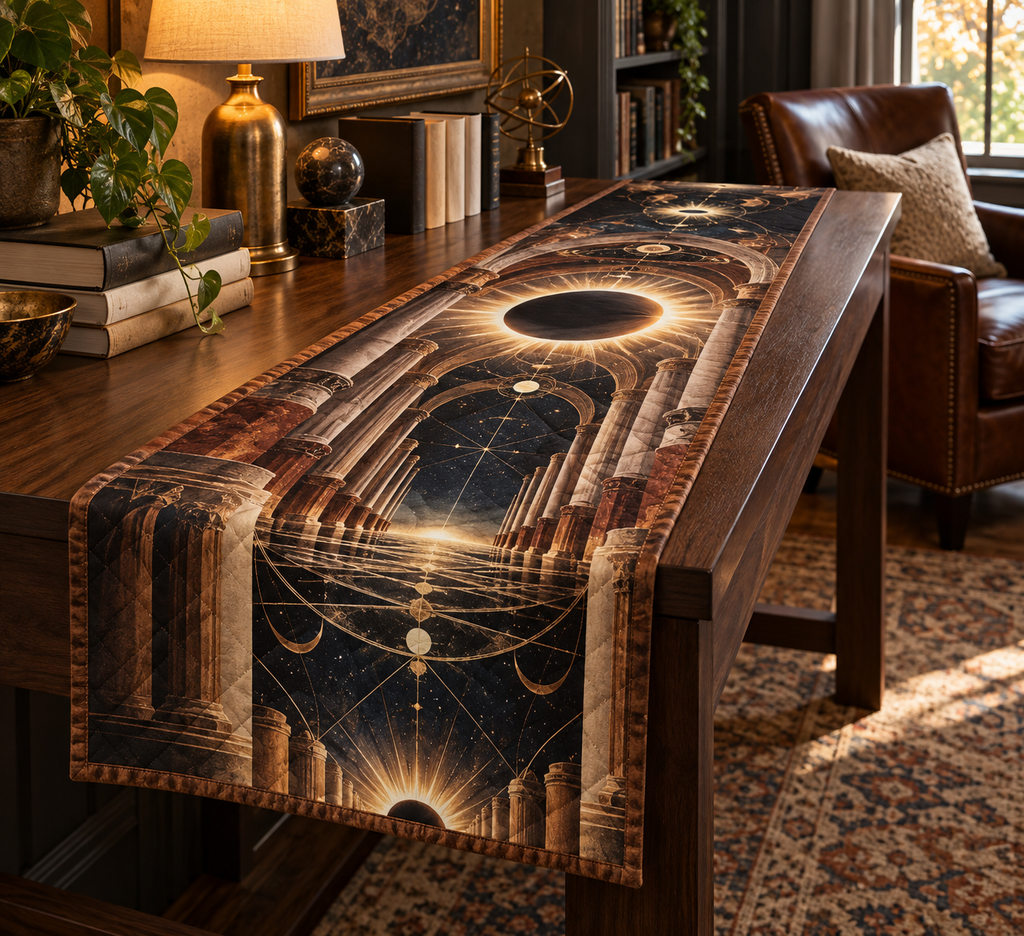 Solar Eclipse Reading Nook Table Runner with flat printed optical 3D solar eclipse in black white gold burnt sienna parchment and navy