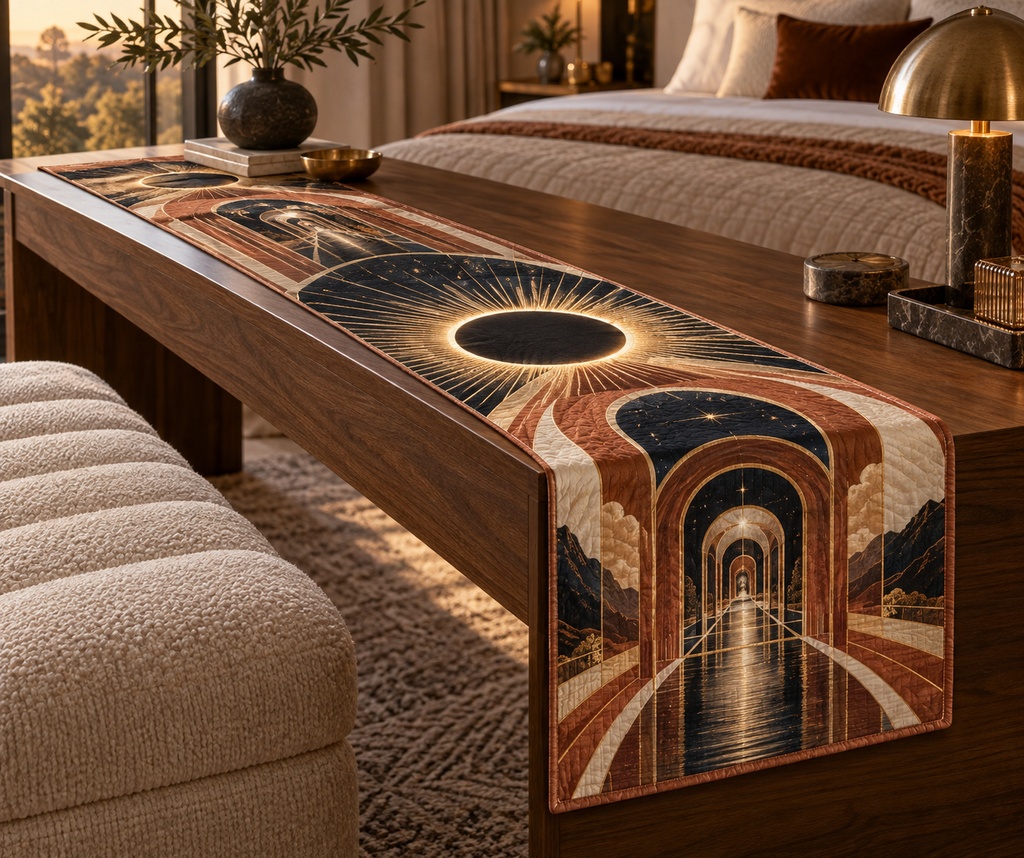 Solar Eclipse Bedroom Statement Table Runner with flat printed optical 3D solar eclipse in matte black molten gold terracotta ivory and deep navy