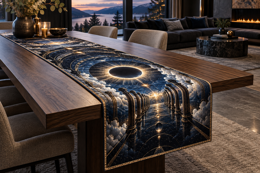 Solar Eclipse Living Room Table Runner with flat printed optical 3D solar eclipse in sapphire black platinum gold smoky white and bronze