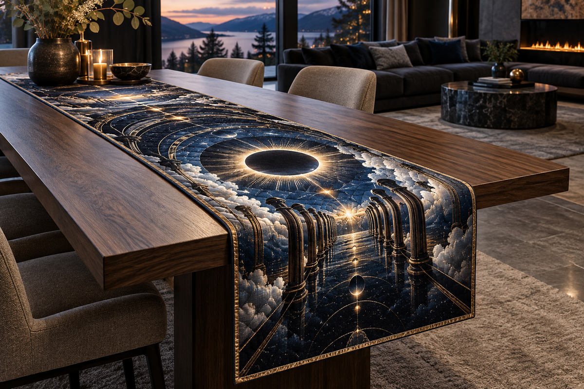 Solar Eclipse Living Room Table Runner with flat printed optical 3D solar eclipse in sapphire black platinum gold smoky white and bronze