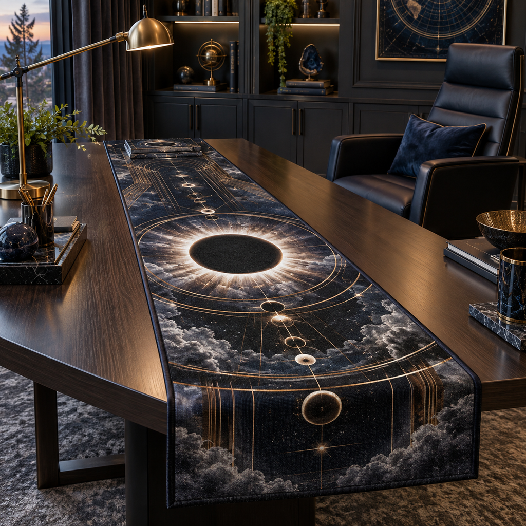 Solar Eclipse Executive Office Table Runner with flat printed optical 3D solar eclipse in sapphire black platinum gold smoky white and bronze