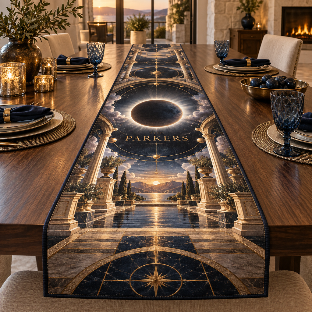 Personalized Solar Eclipse Table Runner showing The Parkers within flat printed optical 3D solar eclipse portal in graphite eclipse orange ice blue slate and brass