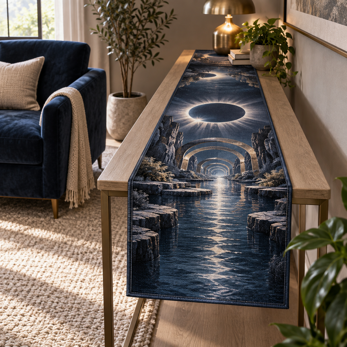 Solar Eclipse Quiet Corner Table Runner with flat printed optical 3D solar eclipse in sapphire black platinum gold smoky white and bronze