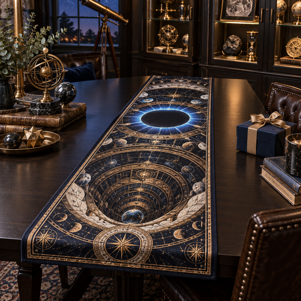 Solar Eclipse Collector Keepsake Table Runner with flat printed optical 3D solar eclipse in sapphire black platinum gold smoky white and bronze