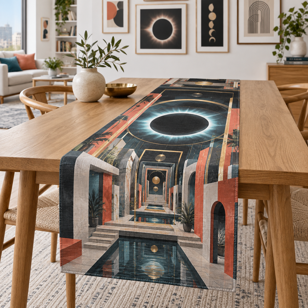 Solar Eclipse Apartment Gallery Table Runner with flat printed optical 3D solar eclipse in sapphire black platinum gold smoky white and bronze