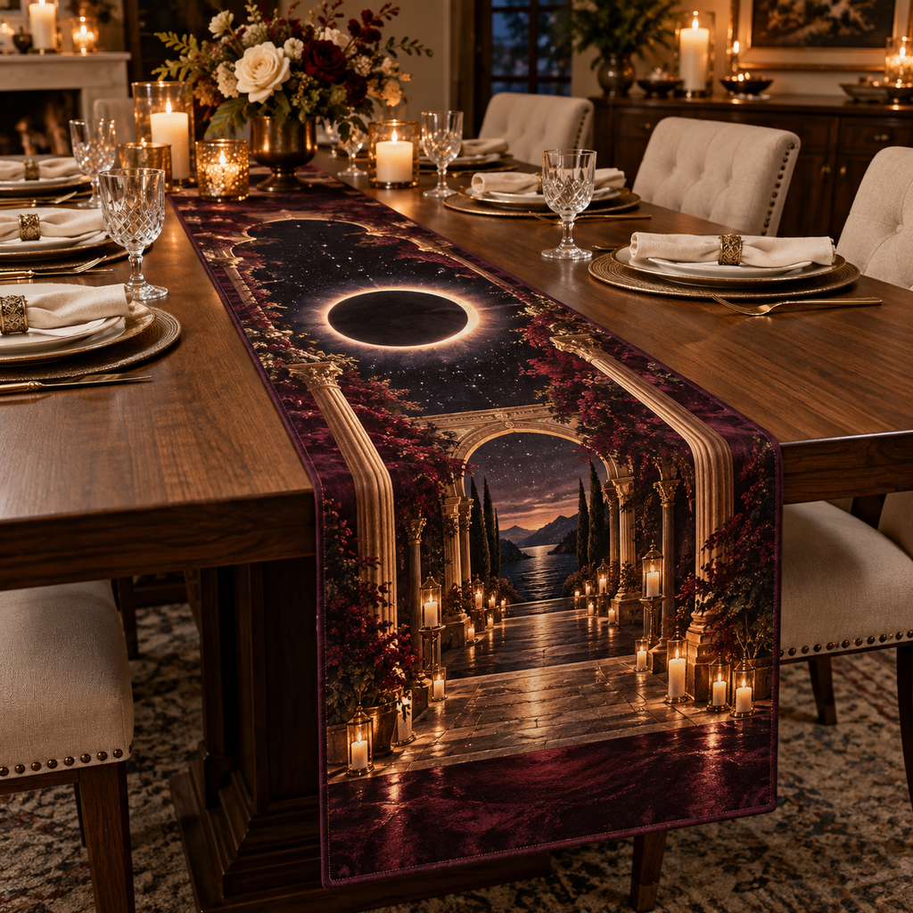 Solar Eclipse Host Thank You Table Runner with flat printed optical 3D solar eclipse in sapphire black platinum gold smoky white and bronze