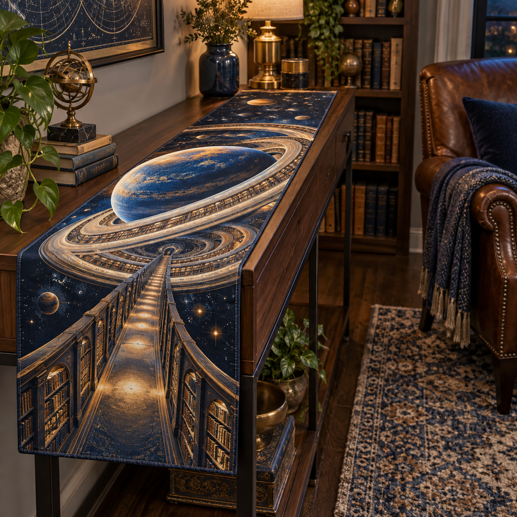 Ringed Planet Reading Nook Table Runner with flat printed optical 3D ringed planet library corridor in sapphire amber pearl ice copper navy and walnut