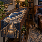 Ringed Planet Reading Nook Table Runner with flat printed optical 3D ringed planet library corridor in sapphire amber pearl ice copper navy and walnut
